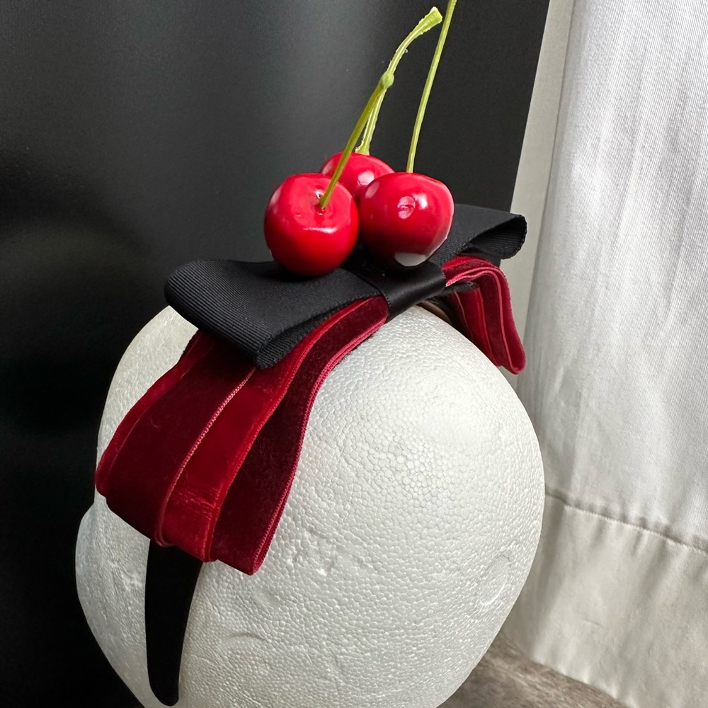 Handmade Designer Fascinator Headband Cherries Red Black Velvet Bow - Picture 3 of 15